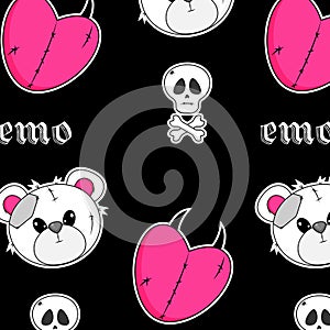 Seamless pattern with teddy bear toy, Skull, crossbones, heart. Black Emo Goth background. Gothic aesthetic in y2k, 90s