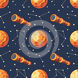 Seamless pattern, telescope, planet and solar eclipse Moon. Background for children, scrapbooking, children\'s room.