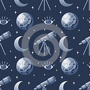 Seamless pattern, telescope, planet and solar eclipse Moon. Background for children, scrapbooking, children\'s room.