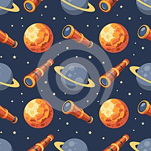 Seamless pattern, telescope, planet and solar eclipse Moon. Background for children, scrapbooking, children\'s room.