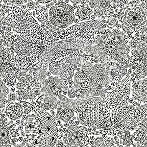 Seamless pattern or template with butterfly, ladybug and many ornate elements