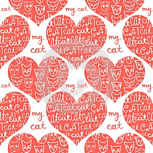 Seamless pattern of tender red hearts decorated with white cats