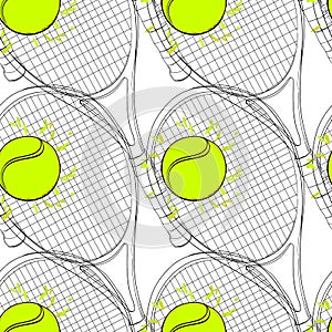 Seamless pattern with tennis, rackets, ball. Hand drawn, drawing paper, design background, backdrop. Sport inventory for