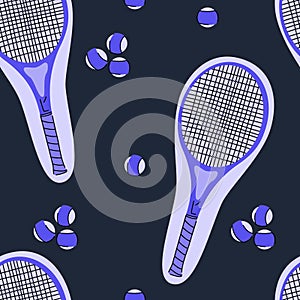 Seamless pattern with tennis rackets and balls. Sport equipment