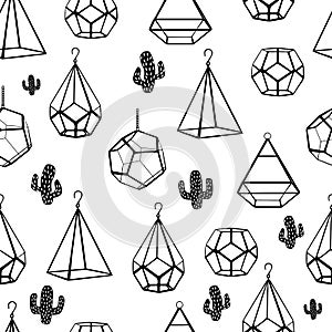 Seamless pattern. Terrarium and cactus. Vector. Concept of black cactuses with terrariums on white background.