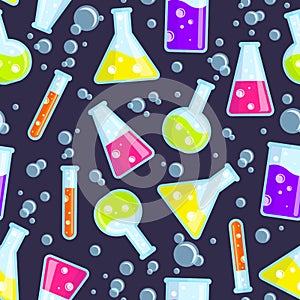 Seamless pattern of the test tubes, beakers, flasks and bubbles.