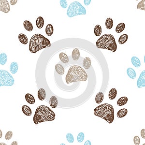Seamless pattern for textile design.  Brown and blue colored paw print background