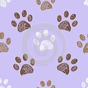 Seamless pattern for textile design. Seamless brown and lilac background colored paw print