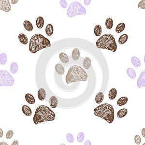 Seamless pattern for textile design. Seamless brown and lilac colored paw print