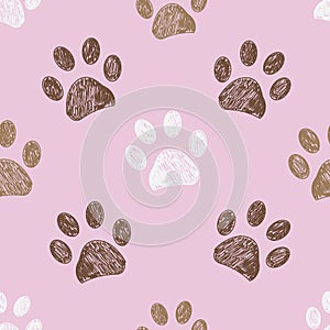 Seamless pattern for textile design. Seamless brown and pink background colored paw print