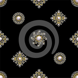 Seamless pattern from textile embroidered patches with sequins, beads and pearls. Vector illustration.