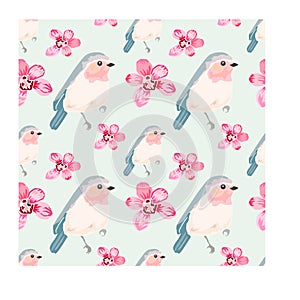 Seamless pattern for textiles or packaging birds and flowers