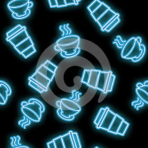 Seamless pattern, texture abstract neon bright glowing flashing blue from icons, glasses with hot coffee, tea and copy space