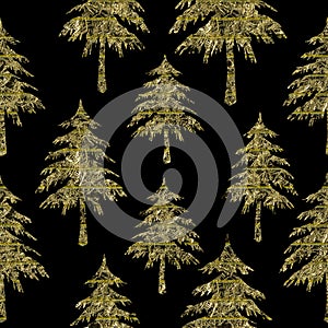 Seamless pattern texture of color yellow carved Christmas fir trees isolated on a black background
