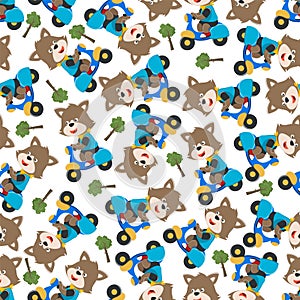 Seamless pattern texture with Cute fox Riding Scooter, Cartoon Vector Illustration. For fabric textile, nursery, baby clothes,