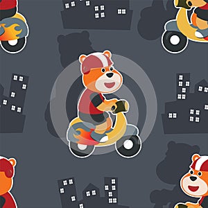 Seamless pattern texture with Cute tiger Riding Scooter Cartoon Vector Icon Illustration. For fabric textile, nursery, baby