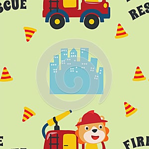 Seamless pattern texture with  Fire rescue team with funny firefighter For fabric textile, nursery, baby clothes, background,