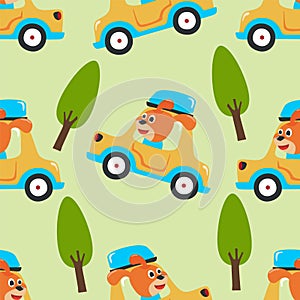 Seamless pattern texture with funny dog driving car in the road with village landscape. For fabric textile, nursery, baby clothes