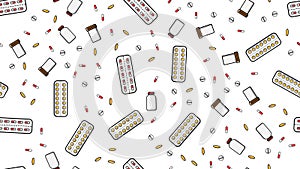 Seamless pattern texture of  medicine tablets pills dragee capsules records cans of packs with medicines vitamins drugs