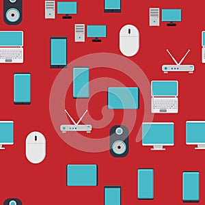 Seamless pattern, texture from modern digital devices, gadgets, tablets, smartphones, mice, speakers, monitors, laptops, routers