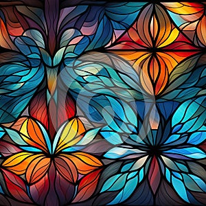 seamless pattern with the texture of multicolored floral stained glass window on background with flowers