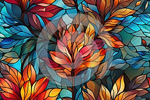 seamless pattern with the texture of multicolored floral stained glass window on background with flowers