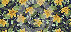 Seamless pattern, texture print with light watercolor styl, green color,eucalyptus, yellow lily, plants,blue background.