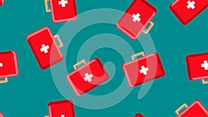 Seamless pattern texture of red medical pharmaceptic first aid kits with medicine, drugs on a green background. Vector