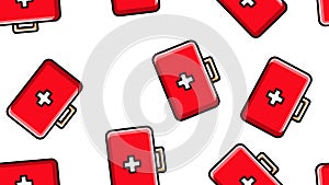Seamless pattern texture of red medical pharmaceptic first aid kits with medicine, drugs on white background. Vector illustration