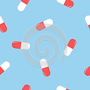 Seamless pattern texture of red oval white and red medical pharmaceutical pills capsules with medicine, drugs, vitamins