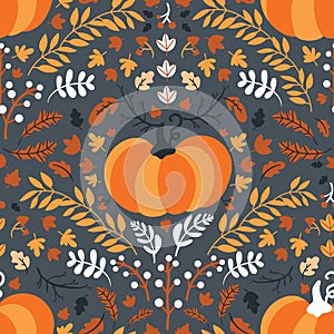 Seamless pattern for thanksgiving celebration. Vector of hand drawn illustration with ripe pumpkin and leaves arranged in vintage