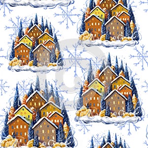 Seamless pattern on the theme of Christmas and winter, holiday, snow-covered houses drawn in digital style, small cute