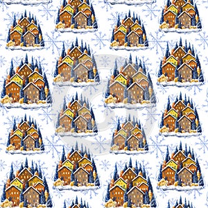 Seamless pattern on the theme of Christmas and winter, holiday, snow-covered houses drawn in digital style, small cute