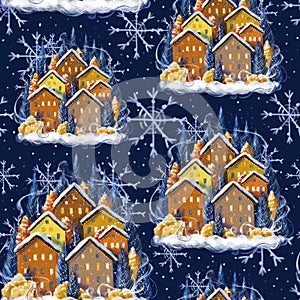 Seamless pattern on the theme of Christmas and winter, holiday, snow-covered houses drawn in digital style, small cute