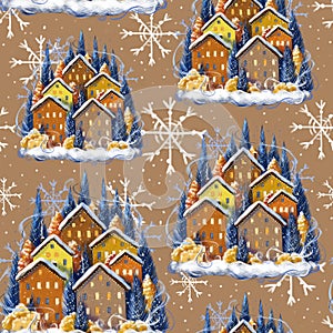 Seamless pattern on the theme of Christmas and winter, holiday, snow-covered houses drawn in digital style, small cute