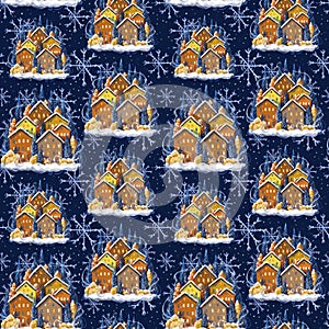 Seamless pattern on the theme of Christmas and winter, holiday, snow-covered houses drawn in digital style, small cute