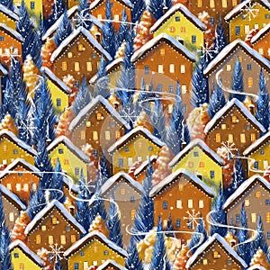 Seamless pattern on the theme of Christmas and winter, holiday, snow-covered houses drawn in digital style, small cute