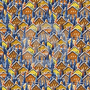 Seamless pattern on the theme of Christmas and winter, holiday, snow-covered houses drawn in digital style, small cute