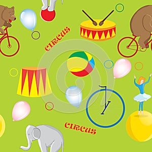 Seamless pattern on the theme of a circus bear on a red bike