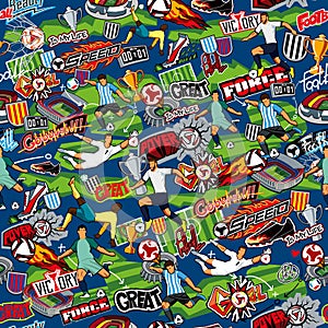 Seamless pattern on the theme of football. Football attributes, football figures of various teams on a blue background