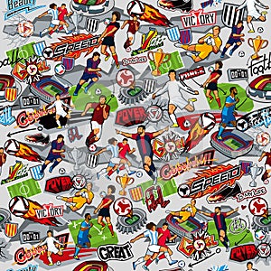 Seamless pattern on the theme of football. Football attributes, football figures of various teams on a gray background