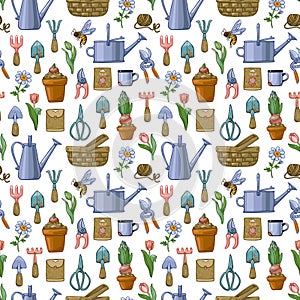 Seamless pattern on the theme of gardening with equipment, pots, flowers, watering cans, baskets, pruning shears.