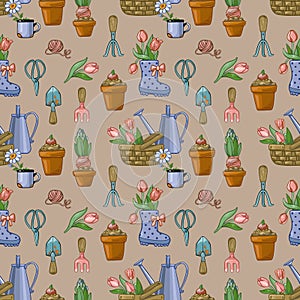 Seamless pattern on the theme of gardening with flowers and gardening tools.