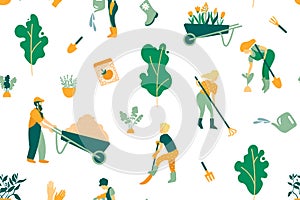 Seamless pattern on the theme of gardening. A set of objects and people involved in the care of plants.