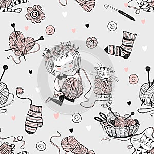 Seamless pattern on the theme of knitting with a cute knitter girl and her little cat playing with a skein of yarn.Vector