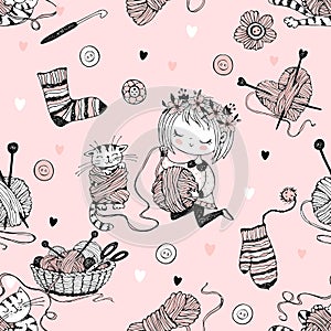 Seamless pattern on the theme of knitting with a cute knitter girl and her little cat playing with a skein of yarn.Vector photo