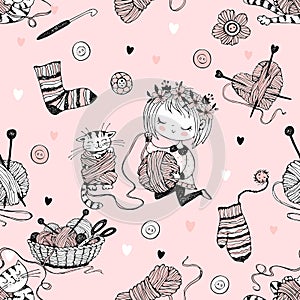 Seamless pattern on the theme of knitting with a cute knitter girl and her little cat playing with a skein of yarn.Vector