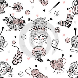 Seamless pattern on the theme of knitting with cute knitter girls in Doodle style. Vector