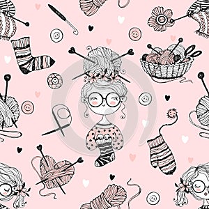 Seamless pattern on the theme of knitting with cute knitter girls in Doodle style. Vector