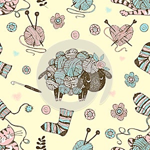 Seamless pattern on the theme of knitting witha cute lamb from balls of yarn and a cute cat. Vector